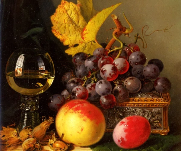 A Still Life of Black Grapes, a Peach, a Plum, Hazelnuts, a Metal Casket and a Wine Glass on a Carved Wooden Ledge