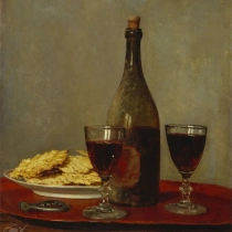 Still Life: Two Glass of Red Wine, a Bottle of Wine; a Corkscrew and a Plate of Biscuits on a Tray