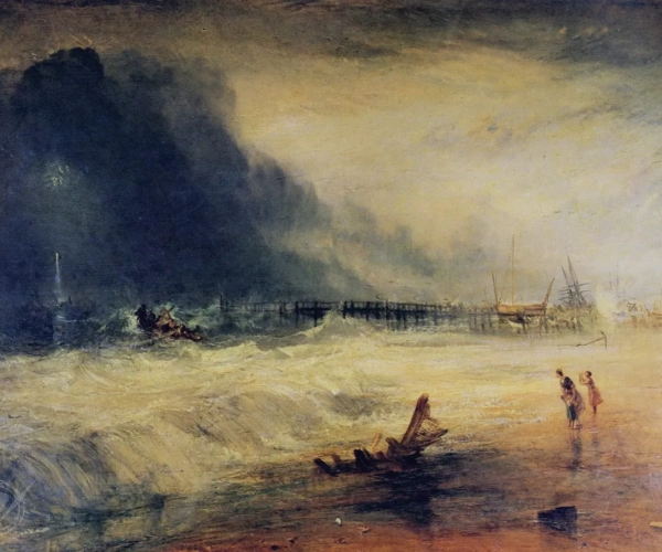 Lifeboat and Manby Apparatus going off to a stranded vessel making signal blue lights of distress , c.1831