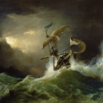 A First rate Man-of-War driven onto a reef of rocks, floundering in a gale