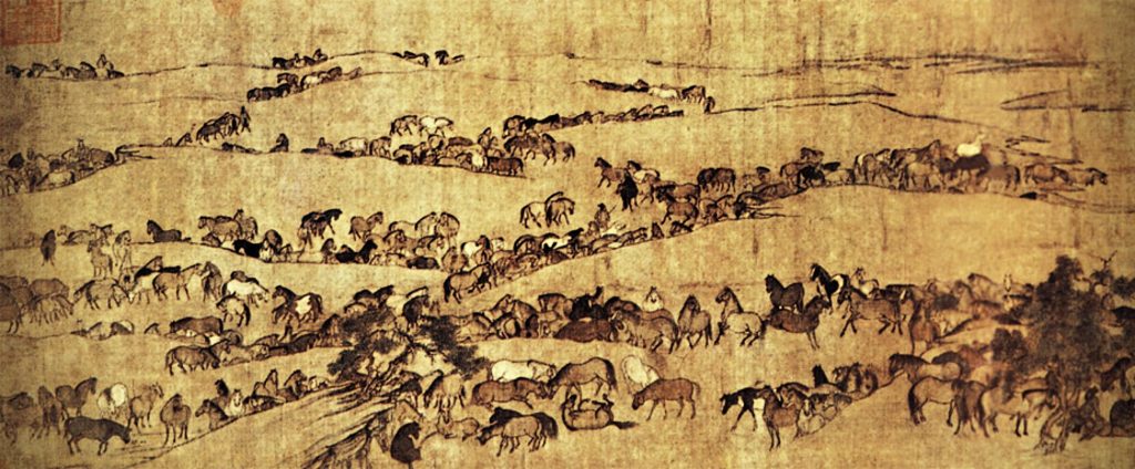 Li Gonglin, Imperial Horses at Pasture after Wei Yan, ca. 1085, handscroll, color on silk, Palace Museum, Beijing, China. Detail.