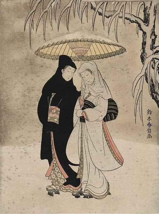Lovers under an Umbrella in the Snow by Suzuki Harunobu
