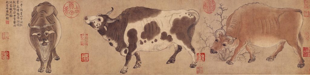 Han Huang (attr.), Five Oxen, ink and color on paper, 8th century