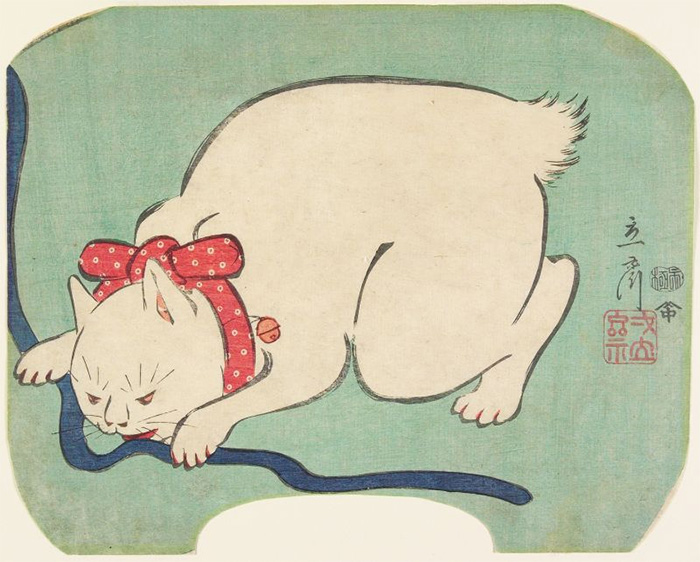 A White Cat Playing With String, Utagawa Hiroshige II