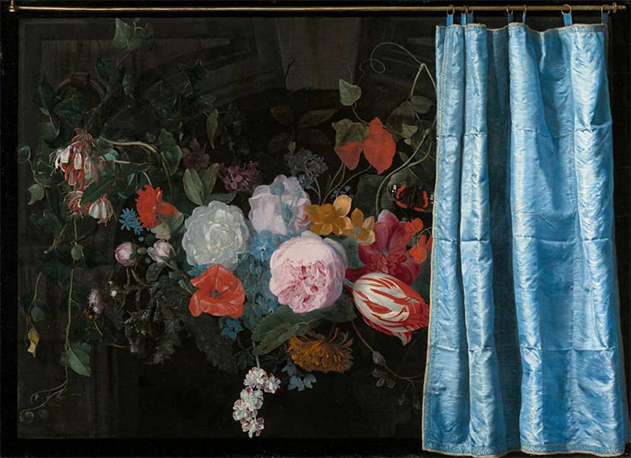 Trompe-l’Oeil Still Life with a Flower Garland and a Curtain, Adriaen van der Spelt and Frans van Mieris